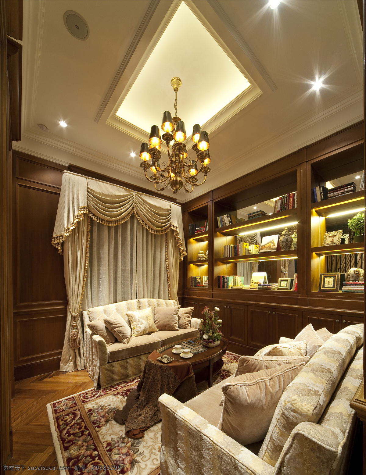 现代 奢华 客厅 金色 吊灯 室内装修 效果图 客厅装修 木制地板 花纹地毯 木制柜子 浅色沙发