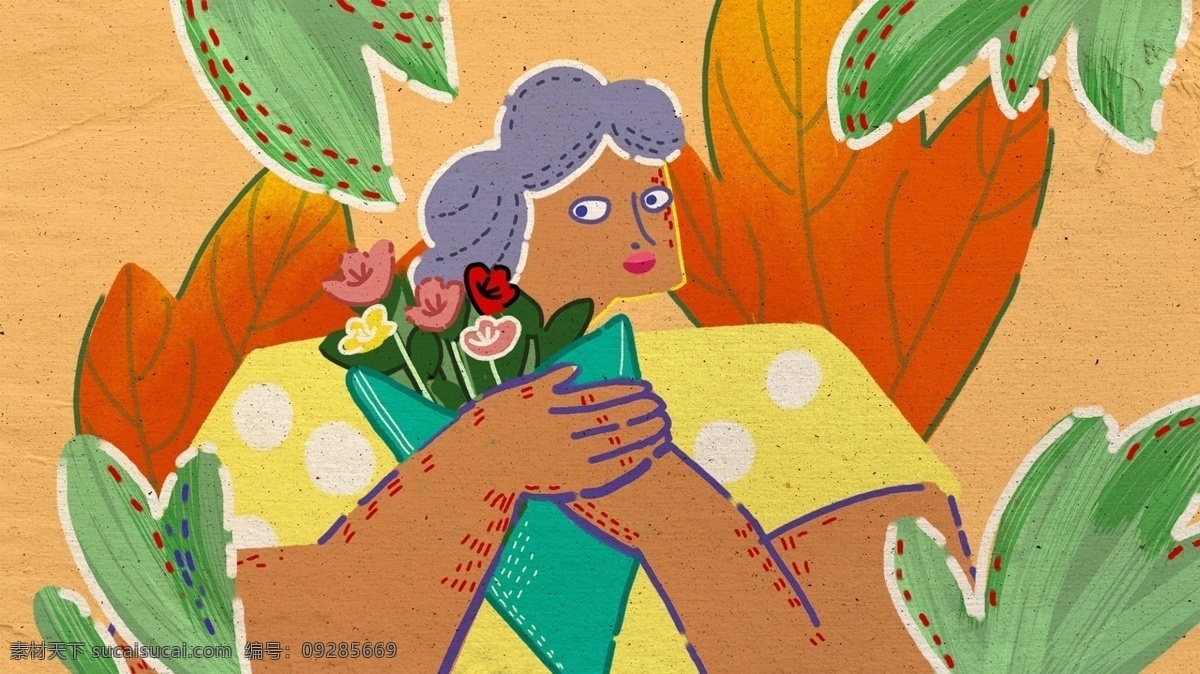 秋天 少女 捧 花 主题 插画 女孩 植物 枫叶 复古