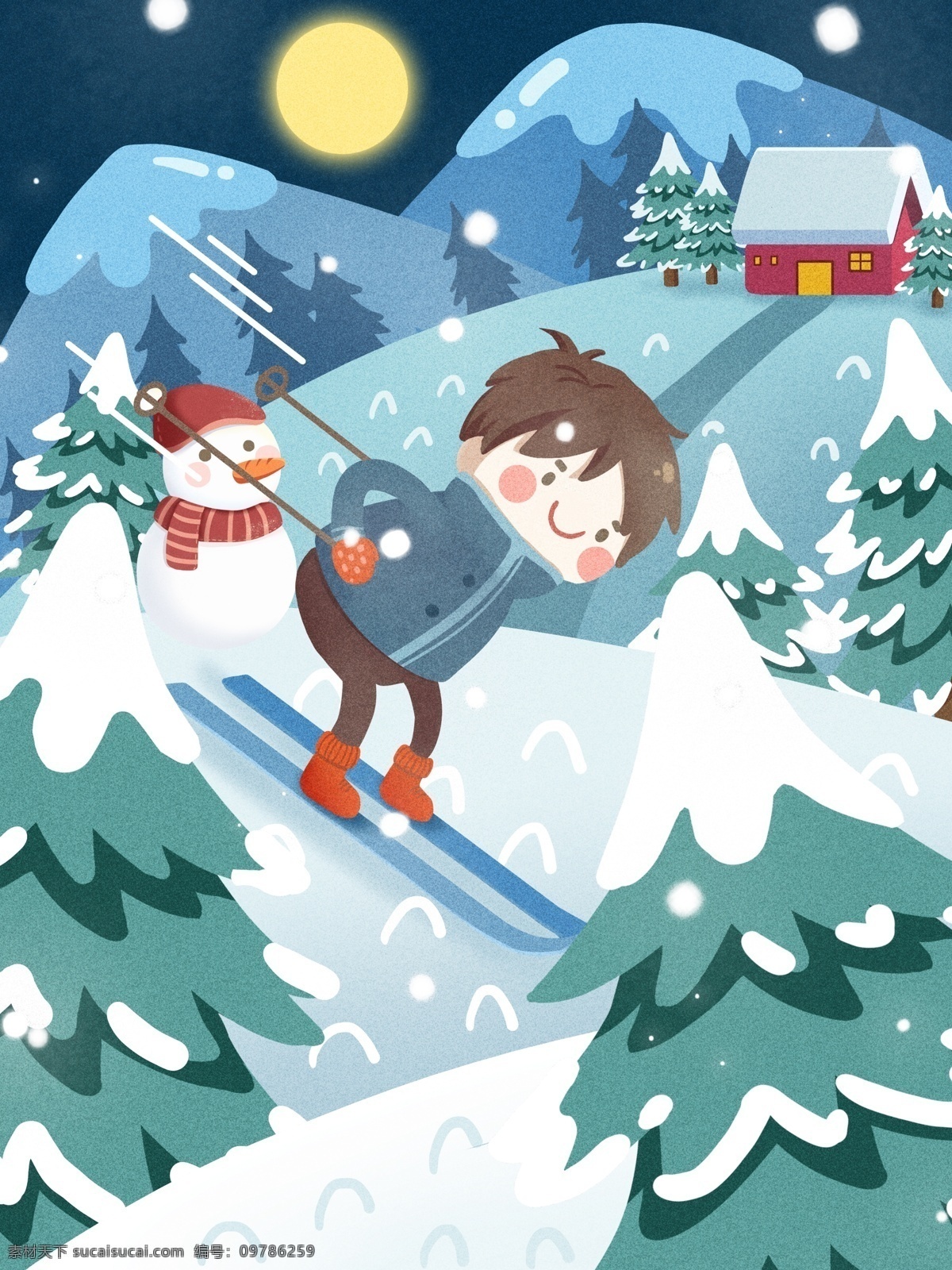 冬天 你好 小孩 滑雪 可爱 插画 小清新 雪人 晚上 松树 原创