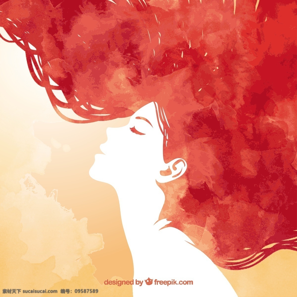 手绘 红 发 女人 水彩 手 头发 轮廓剪影 女性 女的头发 涂红 红色