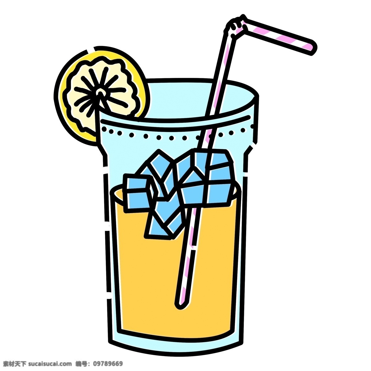 一杯 插 柠檬 冰镇 饮料 吸管 冰块 夏天 冰镇橙汁 动漫柳橙汁 卡通饮水