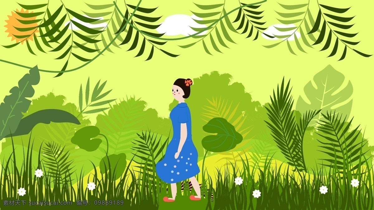 热带 植物 森林 插画 女孩 树木 花草 热带雨林 万物生长 矢量插画