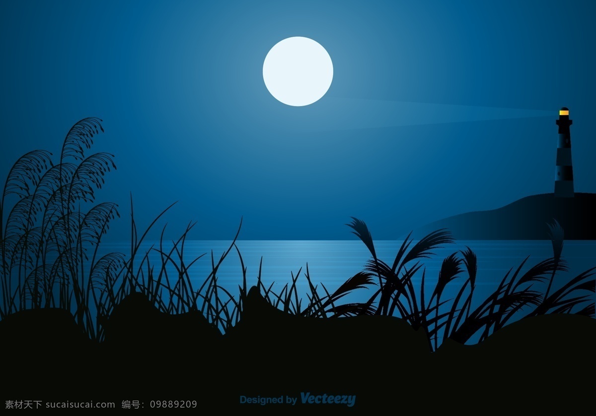 夜晚 海边 风景 背景 草 月亮 芦苇 树 海 灯台 矢量背景素材