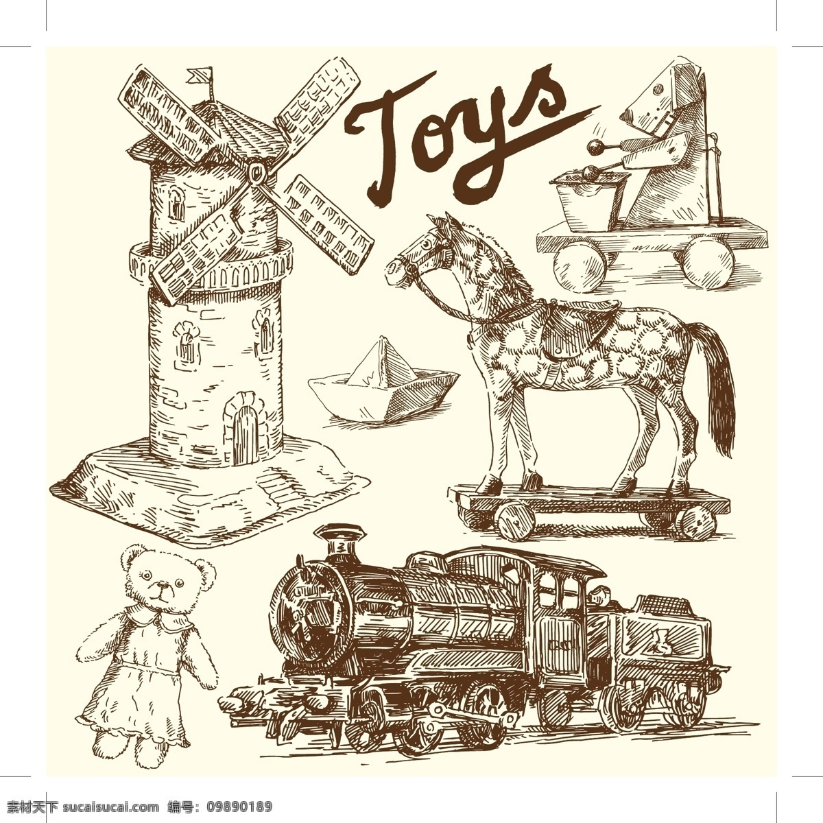 经典 手绘 儿童玩具 矢量 城堡 回忆 记忆 童年 娃娃 玩具 小熊 纸船 小拖板 小 小卡车 小风车 矢量图 日常生活