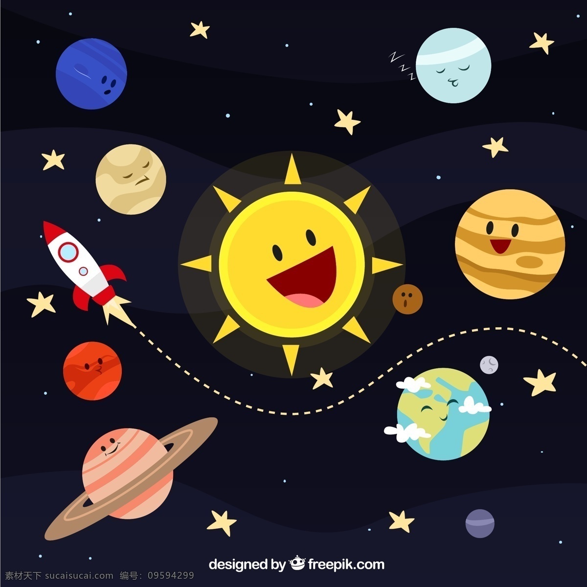 太阳系星球 太阳系 星球 水星 金星 地球 火星 木星 土星 天王星 海王星 火箭 星星 星体 太阳 飞行轨迹 太空 宇宙 插画 背景 海报 画册 平面素材