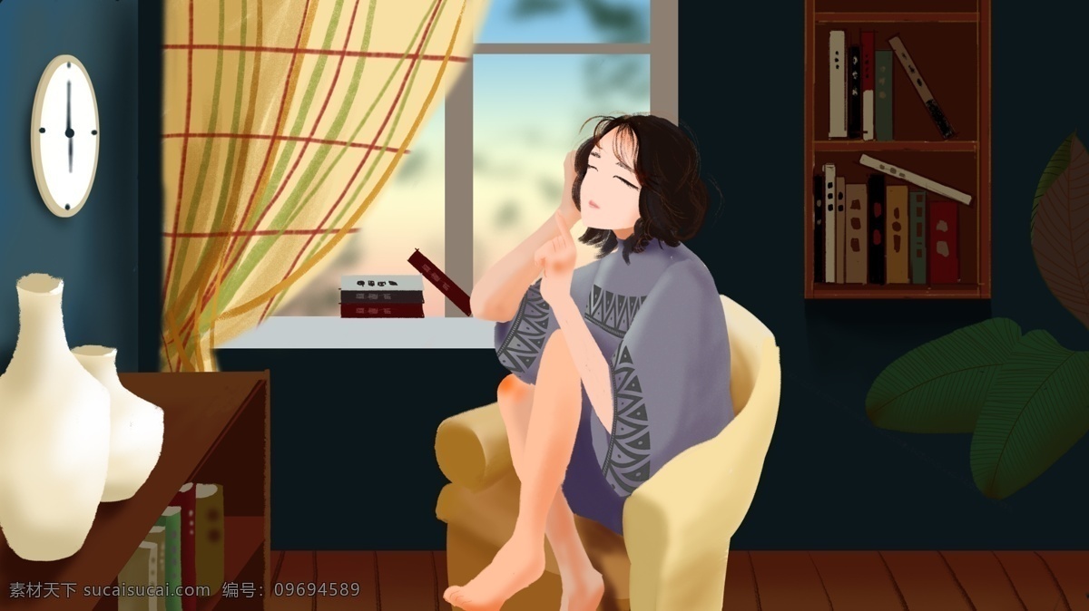 原创 卡通 插画 小憩 女孩 书架 花瓶 沙发 植物 早安 书房 书桌 毛衣 表 时间 早上 书 书柜 睡觉