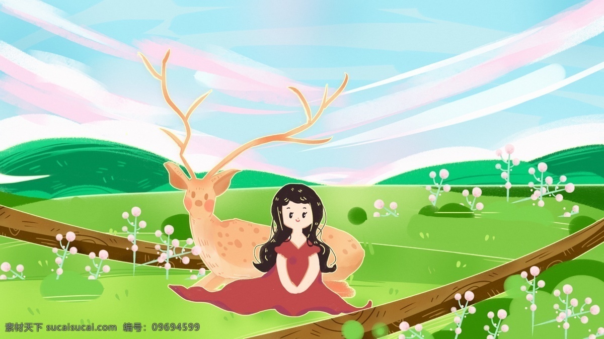 小鹿 森林 精灵 梦幻 仙境 树林 插画 手绘 海报 少女