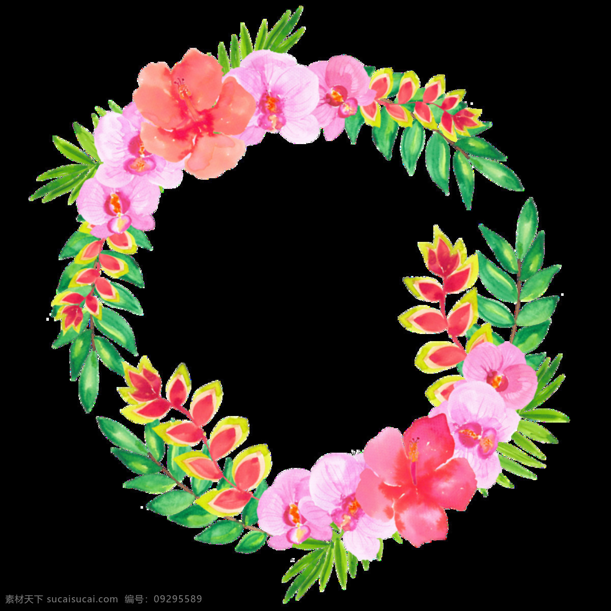 清新 深 粉色 水彩 手绘 花环 装饰 元素 淡绿色树叶 粉色花朵 花瓣 花环图案 清新风格