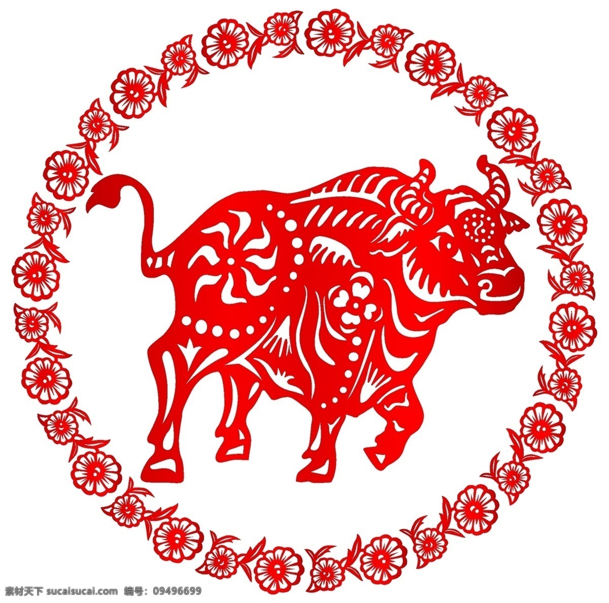 牛 中国 风 民族 生肖 剪纸 矢量图 圆形 精美红色 花边 12生肖 民族特色 中国元素 文化