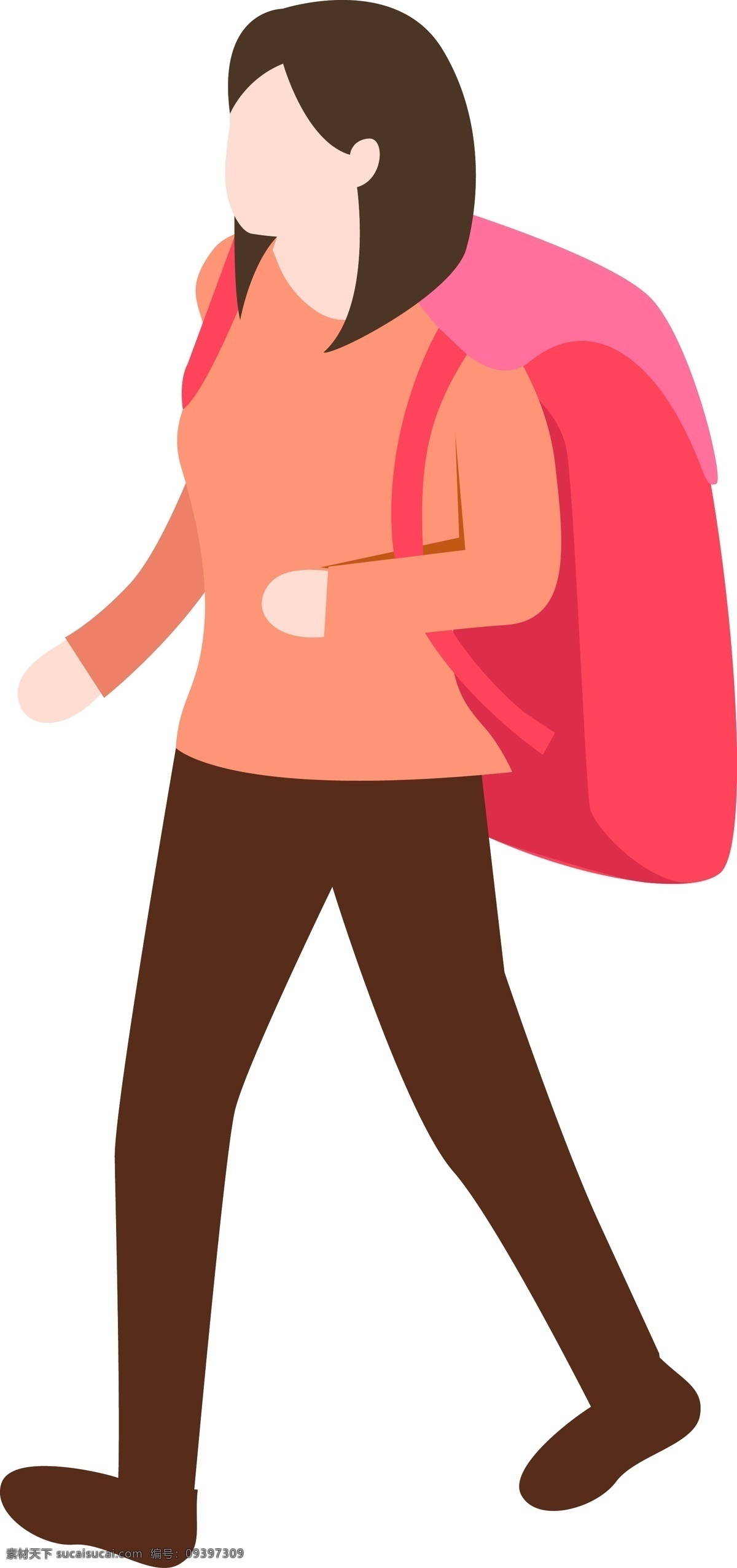 简约 女孩 背着 书包 出行 原创 元素 红色 旅行 可爱 设计元素 散步 原创元素