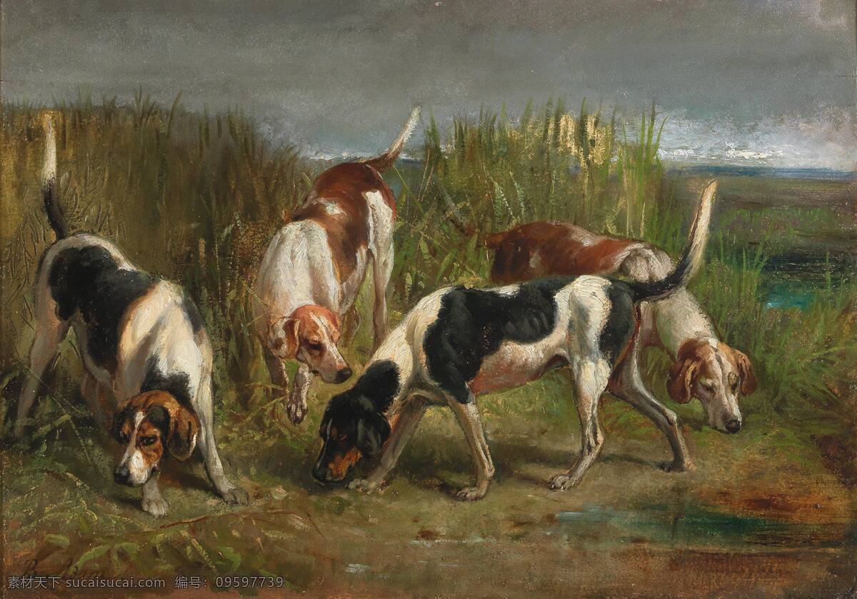 本诺亚当作品 奥地利画家 比格犬 小型猎犬 草地 寻觅猎物 19世纪油画 油画 文化艺术 绘画书法