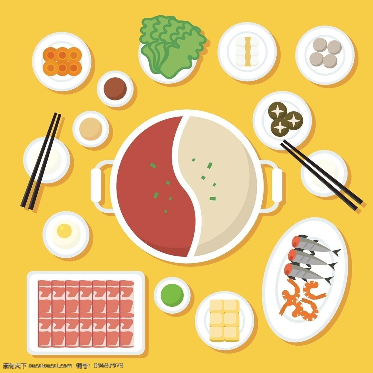 火锅图片 插画 扁平 火锅 食材 食物 青菜 虾 火腿 西红柿 番茄 香菇 丸子 肥牛 豆腐 葱 萝卜 藕 辣椒 生菜 蔬菜 蘸料 老北京 碗 盘子 汤 美食 展示 矢量 卡通 肉 香肠