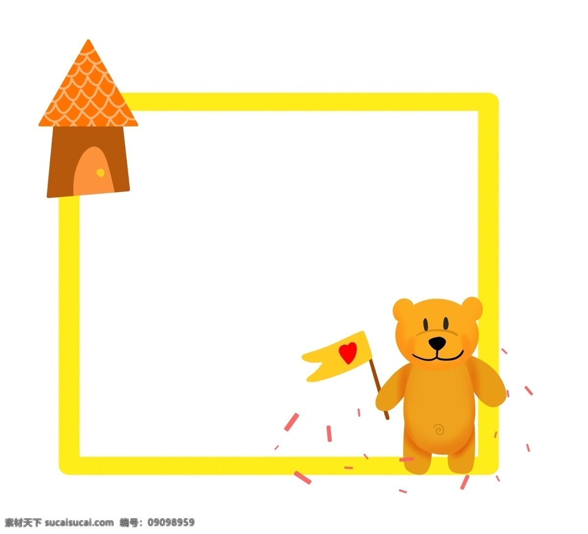 房子 小 熊 边框 插画 小熊边框 黄色边框 红色 建筑物边框 卡通小熊 小熊边框插画