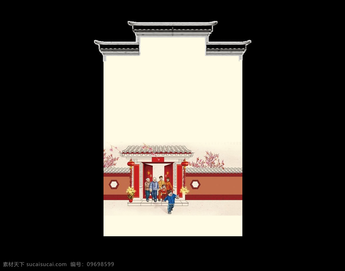 复古 建筑 新年 元素 大门 对联 梅花
