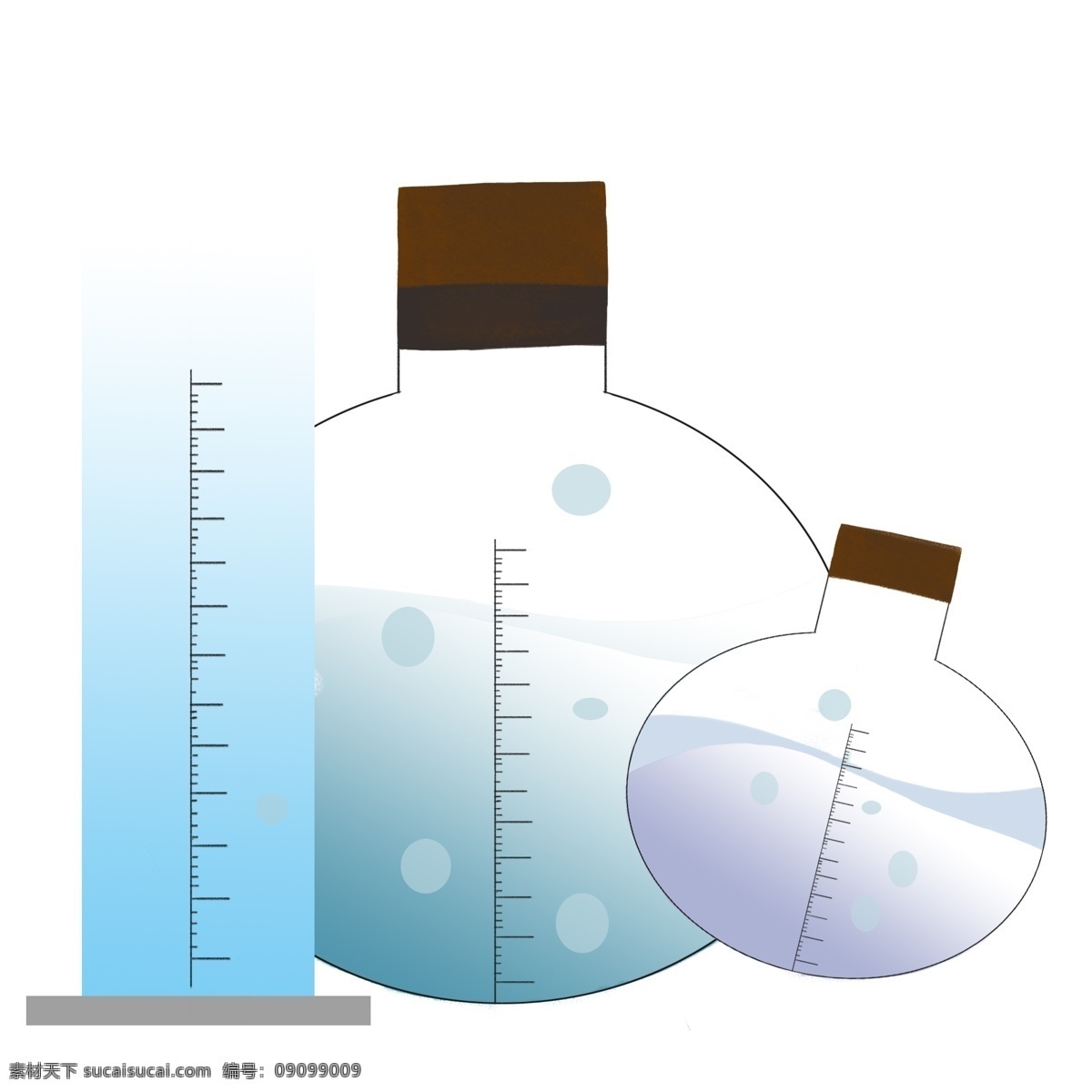 化学实验 用品 插图 实验瓶子 化学瓶子 化学用品 容器 棕色的木塞 刻度瓶子 蓝色的液体 实验工具