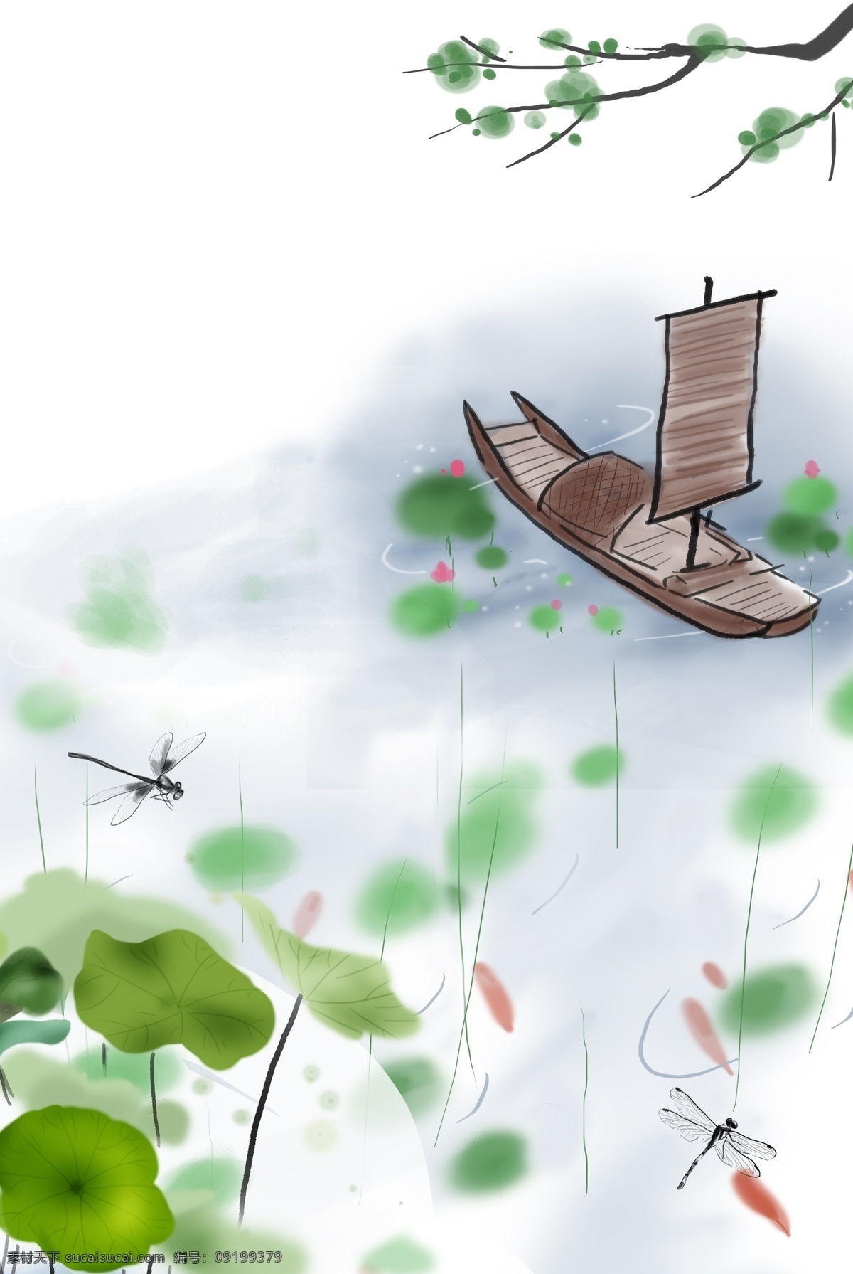 夏天 荷塘 场景 背景 夏日 荷叶 荷花 蜻蜓 树叶 鱼群 渔船 简约 手绘