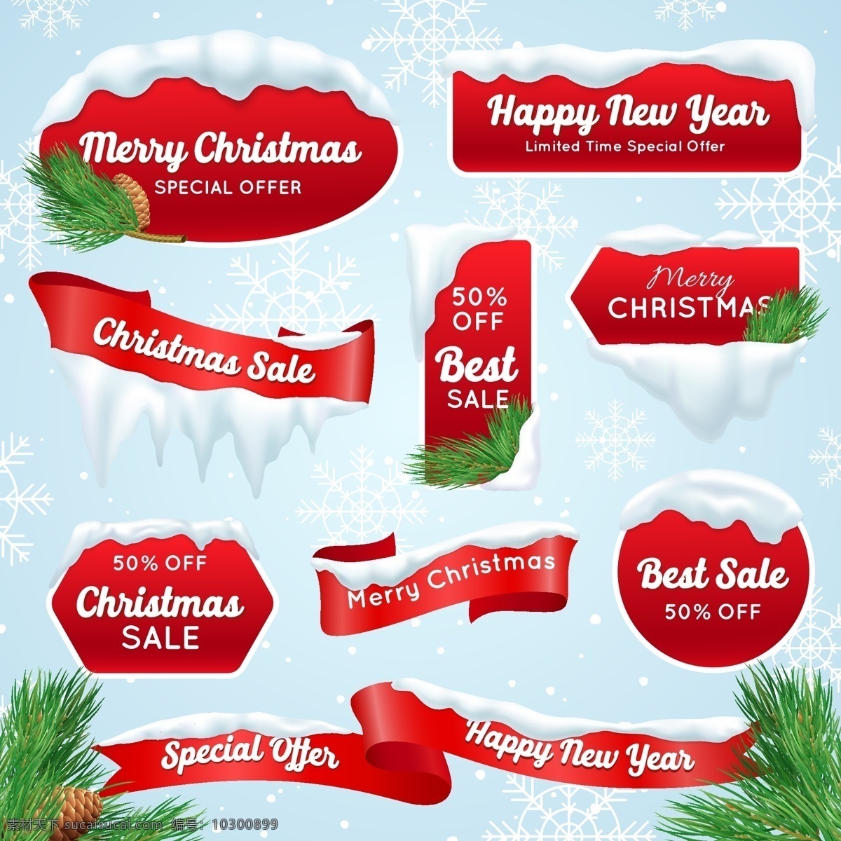 圣诞节 促销 标签 条幅 松枝 松果 雪花 冬季 销售 矢量 高清图片