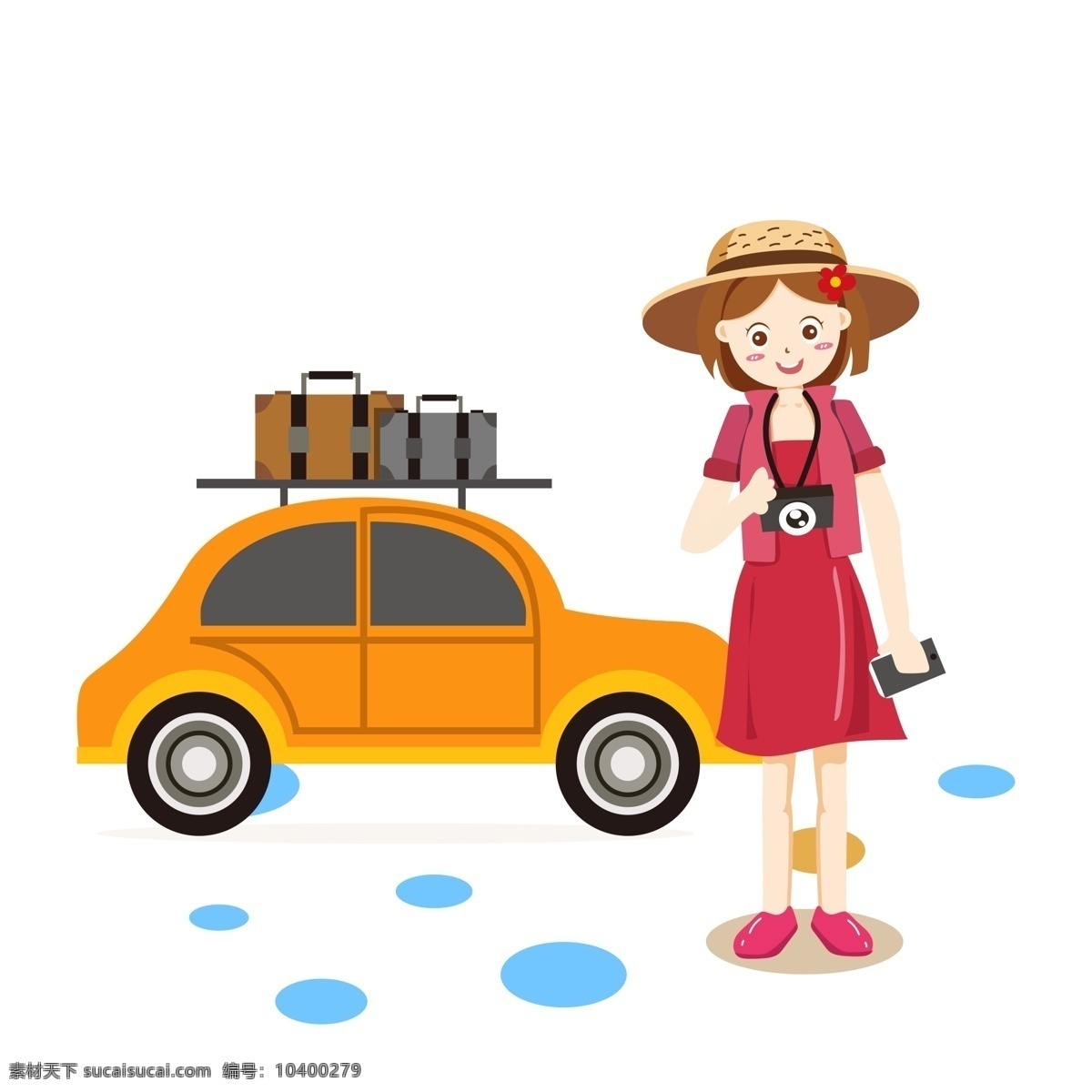 卡通 可爱 旅行 女孩 人物 插画元素 png元素 清新 女孩设计元素 车