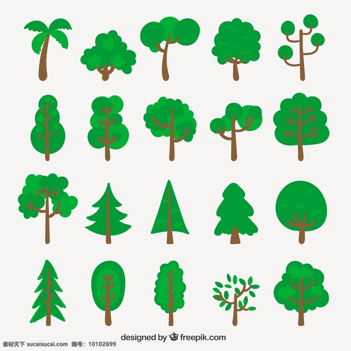 粗略 树木 品种 树 自然 绿色 手绘 森林 可爱 生态 棕榈树 图 环境 松树 植物学 白色