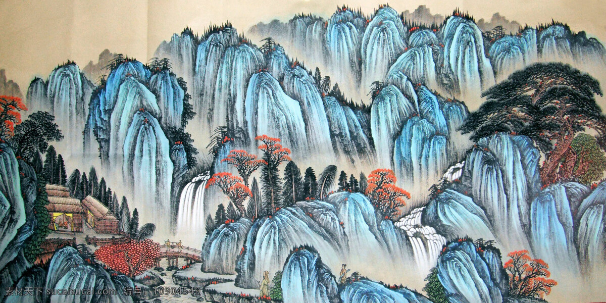 房屋 国画艺术 绘画 绘画书法 美术 瀑布 人物 山峰 山峦叠翠 中国画 水墨画 山岭 小桥 山石 云雾 树木 松树 书法 印章 山水 专辑 二 文化艺术 装饰素材 雕刻 图案