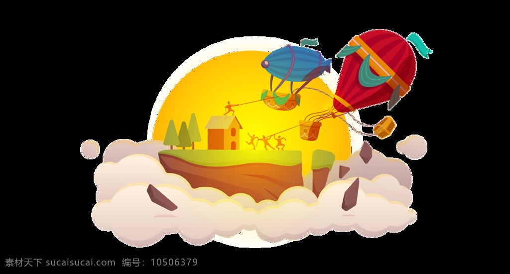 卡通 月亮 热气球 元素 png元素 飞行 免抠元素 气球 透明素材 云彩