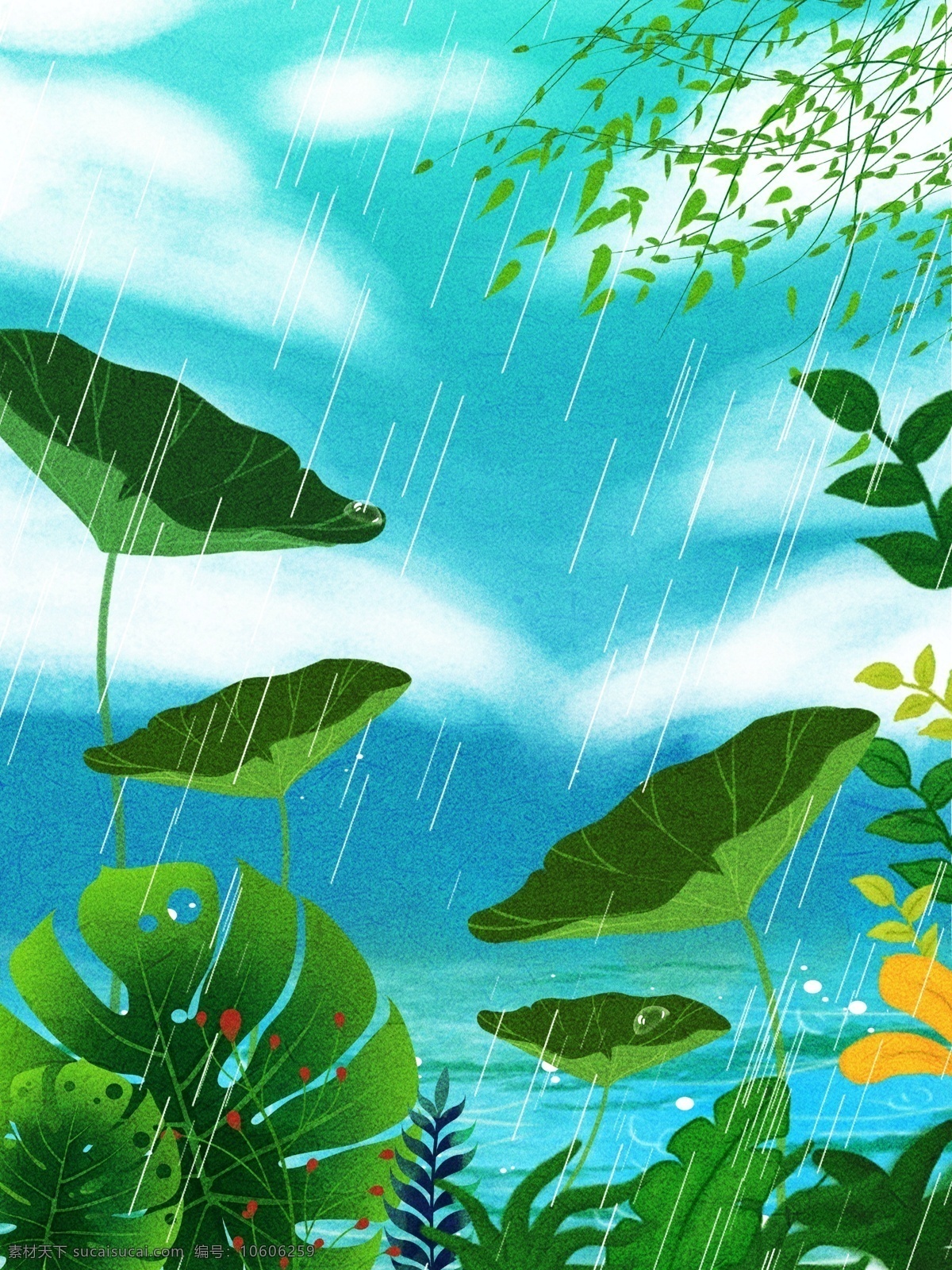 清新 雨季 荷叶 插画 背景 植物背景 唯美 绿地背景 蓝天白云 叶子 河边 山水风景