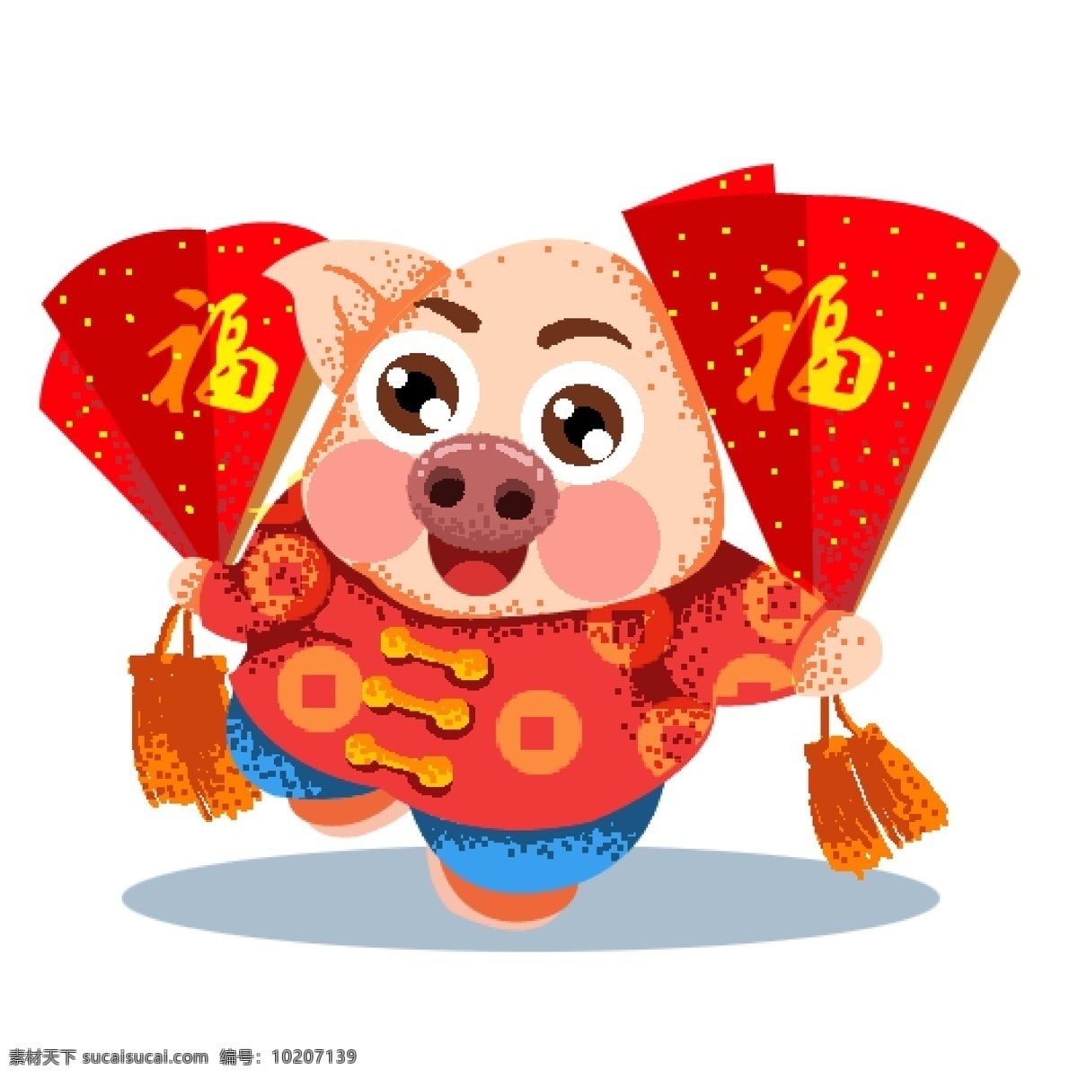 过年 扇子 猪 喜庆 复古 中国风 插画 像素化 春节元素 2019年 新年 猪年 小猪形象 猪年形象