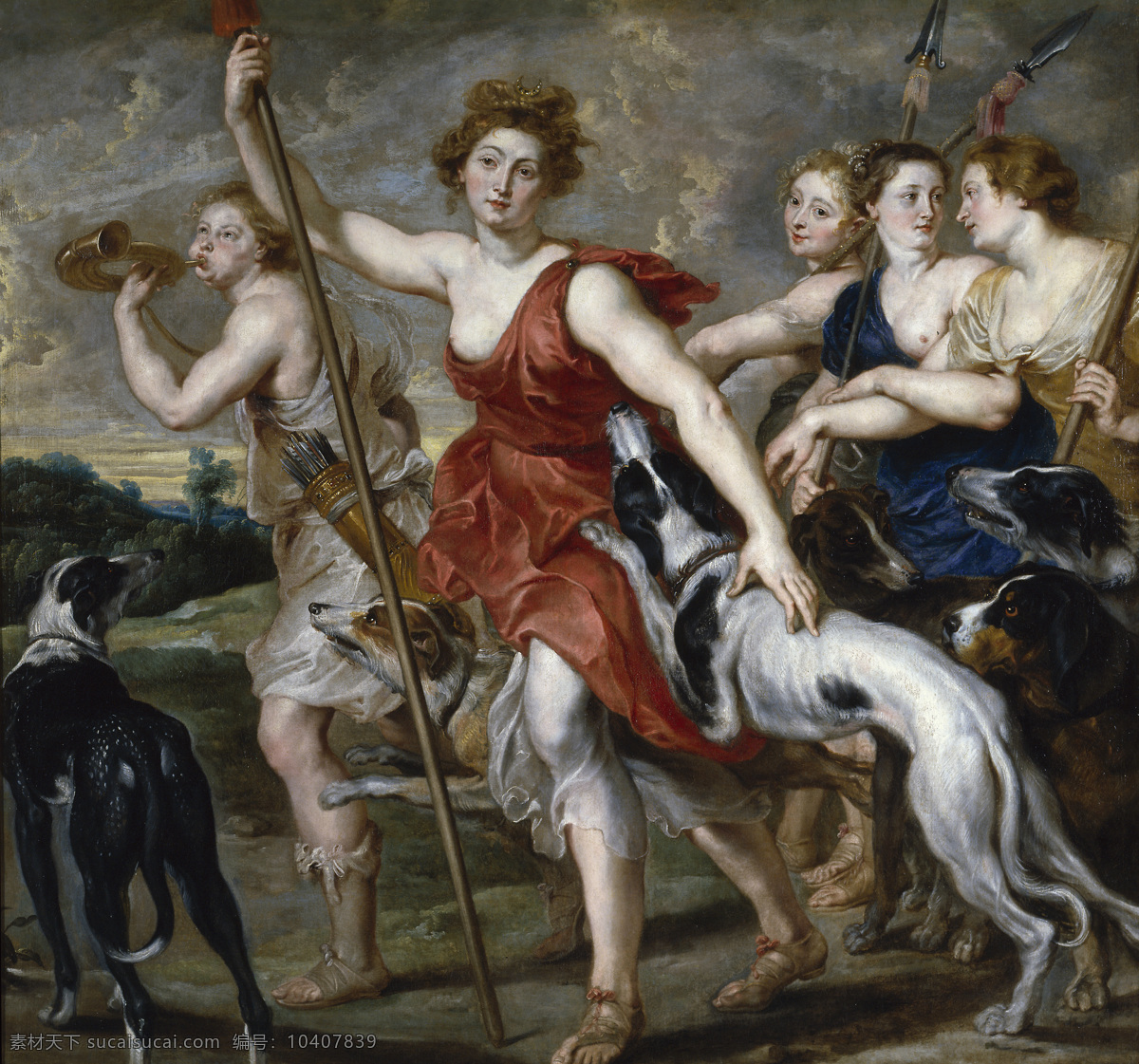 绘画书法 文化艺术 油画 神话故事 彼得保罗 鲁本斯 作品 五个女人 两只狗 手持长矛 巴洛克 时代 家居装饰素材