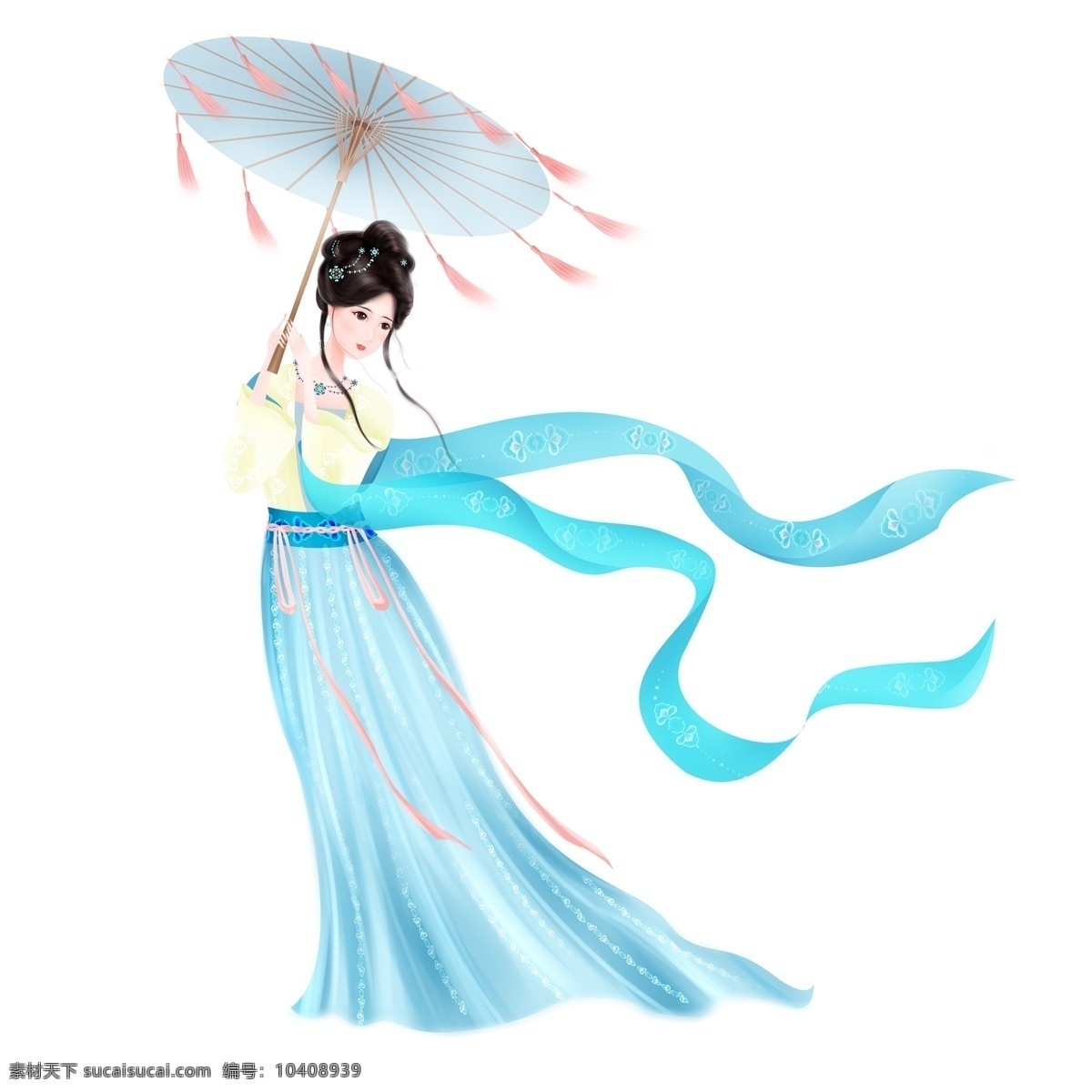 唯美 手绘 油纸伞 仕女 蓝色 卡通 美女 古风 古装 中国风 少女 仙女