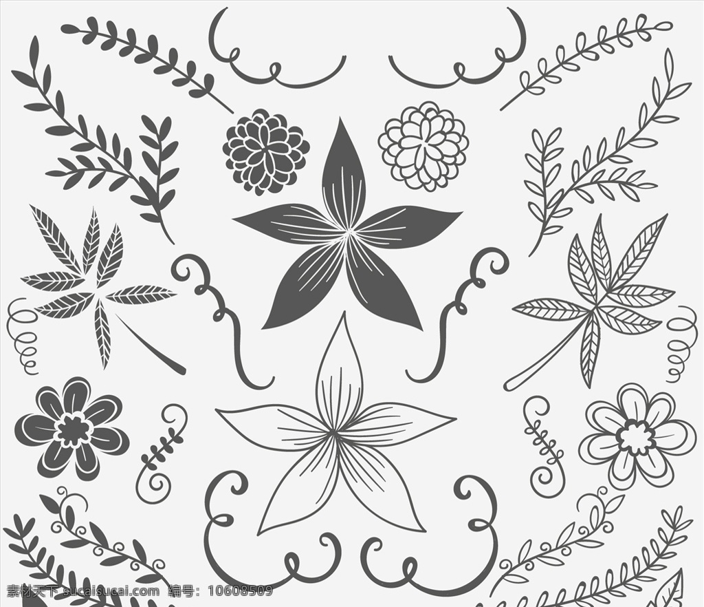 黑色 白色 复古 花朵 花卉 饰品 矢量 装饰