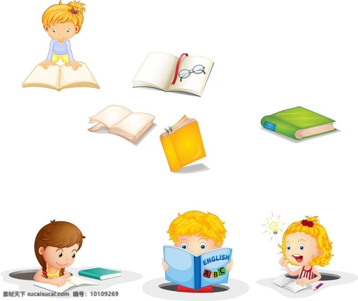 可爱 卡通 阅读 国际 儿童 读书 日 学生 书本 眼镜 学习 彩色 孩子 书 看书