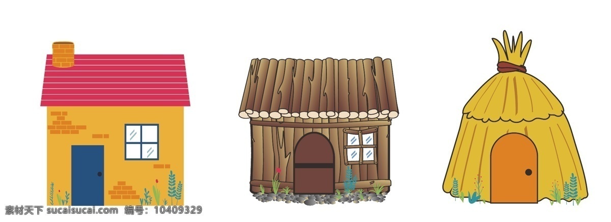 三 只 小 猪 盖 房子 草屋木屋砖房 三只小猪 草屋 砖头房 木屋 幼儿故事 亲子游戏道具 动漫动画 风景漫画