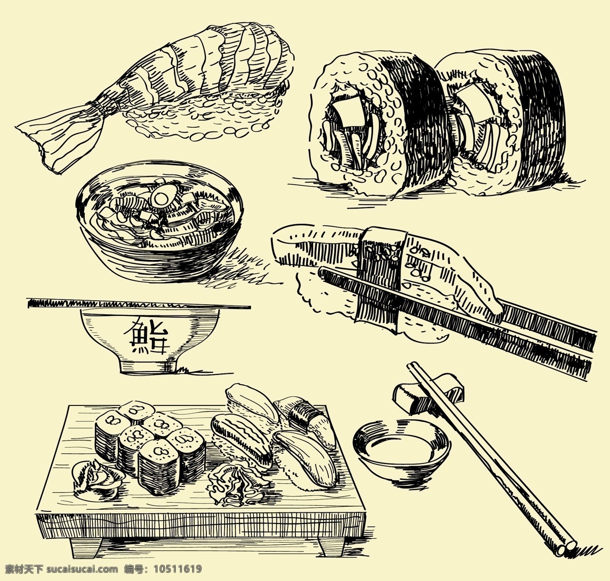 日本料理 线条 插画 矢量 筷子 拉面 料理 日本 三文鱼 食物 矢量素材 寿司 矢量图 日常生活