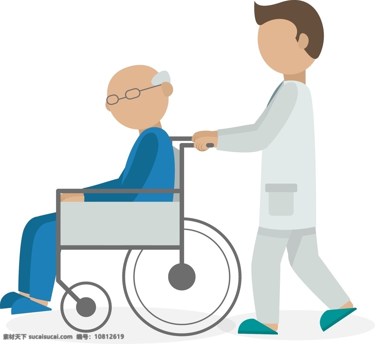 医院 医疗 医生 病人 卡通 矢量 元素 老人 护士 诊所 患者 残疾 照顾病人 轮椅 推轮椅 照顾患者 医疗场景 医院场景 照顾老人
