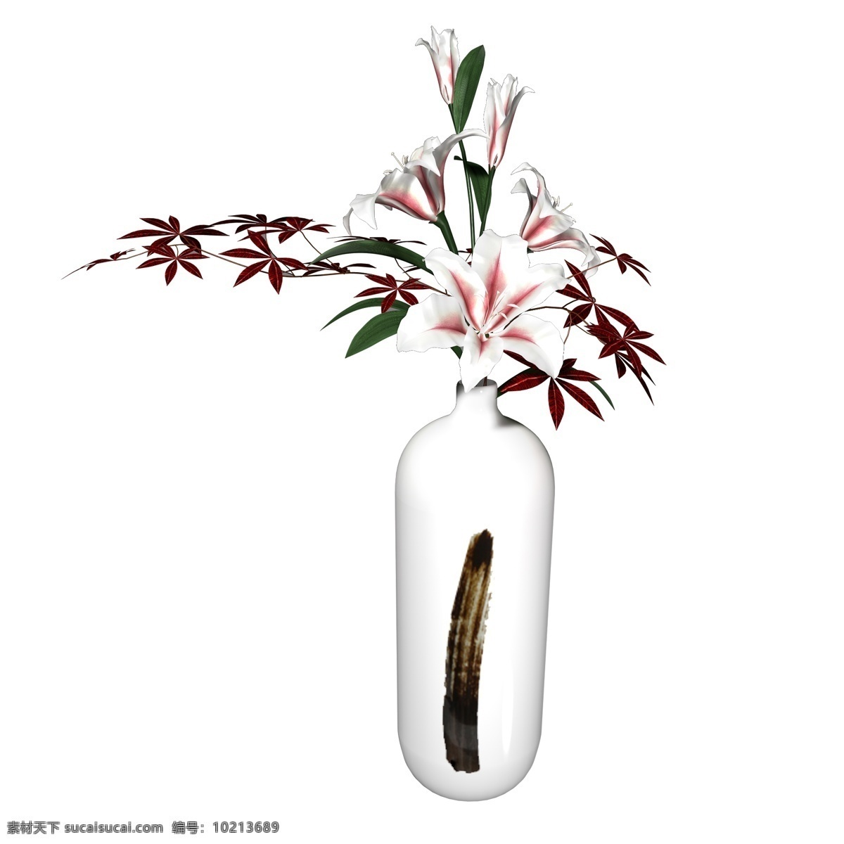 植物类 通用 元素 花瓶 插花 白色 百合花 植物 中国风 写实 立体 陶瓷 毛笔 装饰