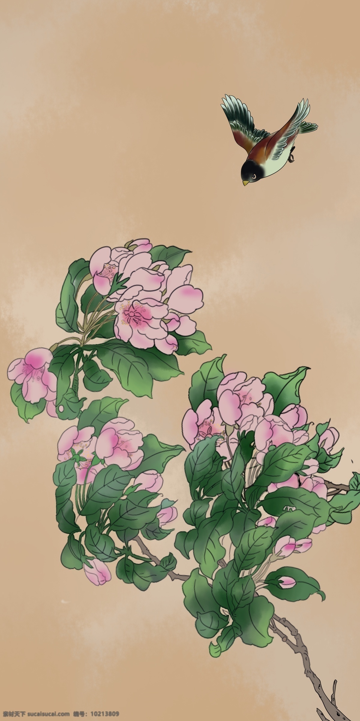 漂亮 工笔画 手绘 插画 漂亮的工笔画 粉色的小花 绿色的叶子 飞舞的小鸟 黄色的小鸟 植物装饰