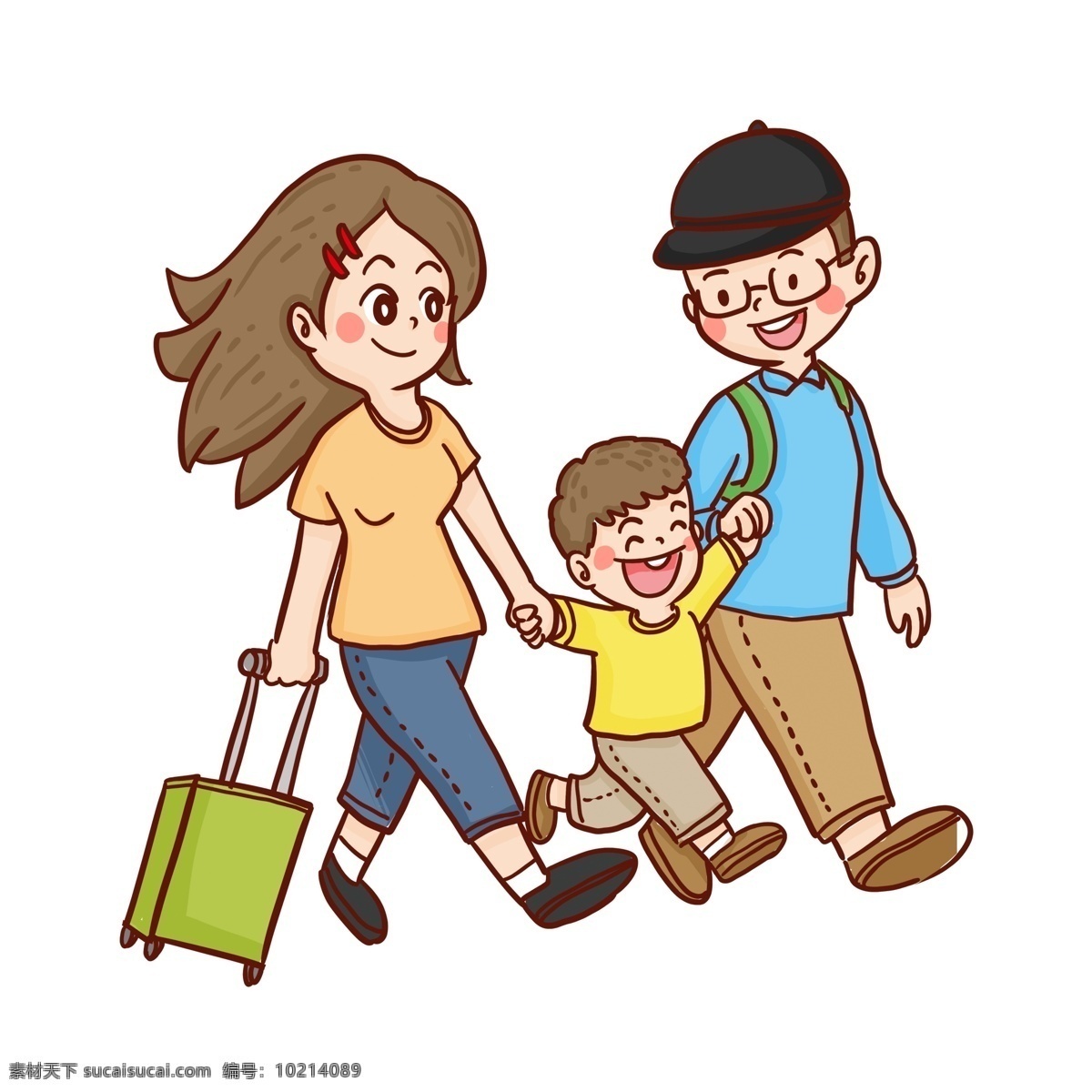 彩绘 春季 旅行 一家 三口 卡通 踏青 一家三口 人物设计 插画设计 行李箱 小男孩 母亲 爸爸
