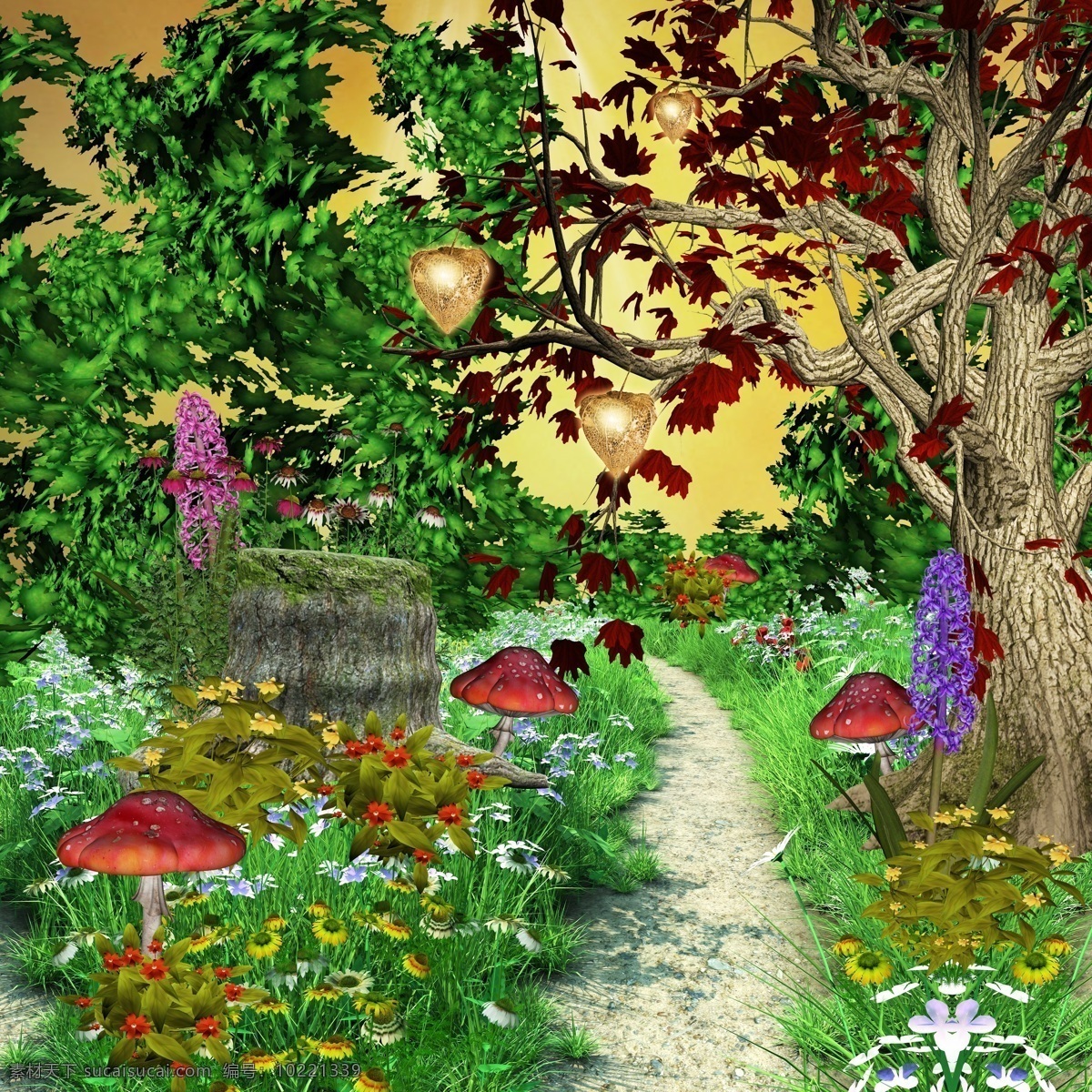 魔幻 风景 魔幻风景 装饰画 阳光 树木 蘑菇 小道 花草树木 果实 绘画书法 文化艺术 山水风景 风景图片