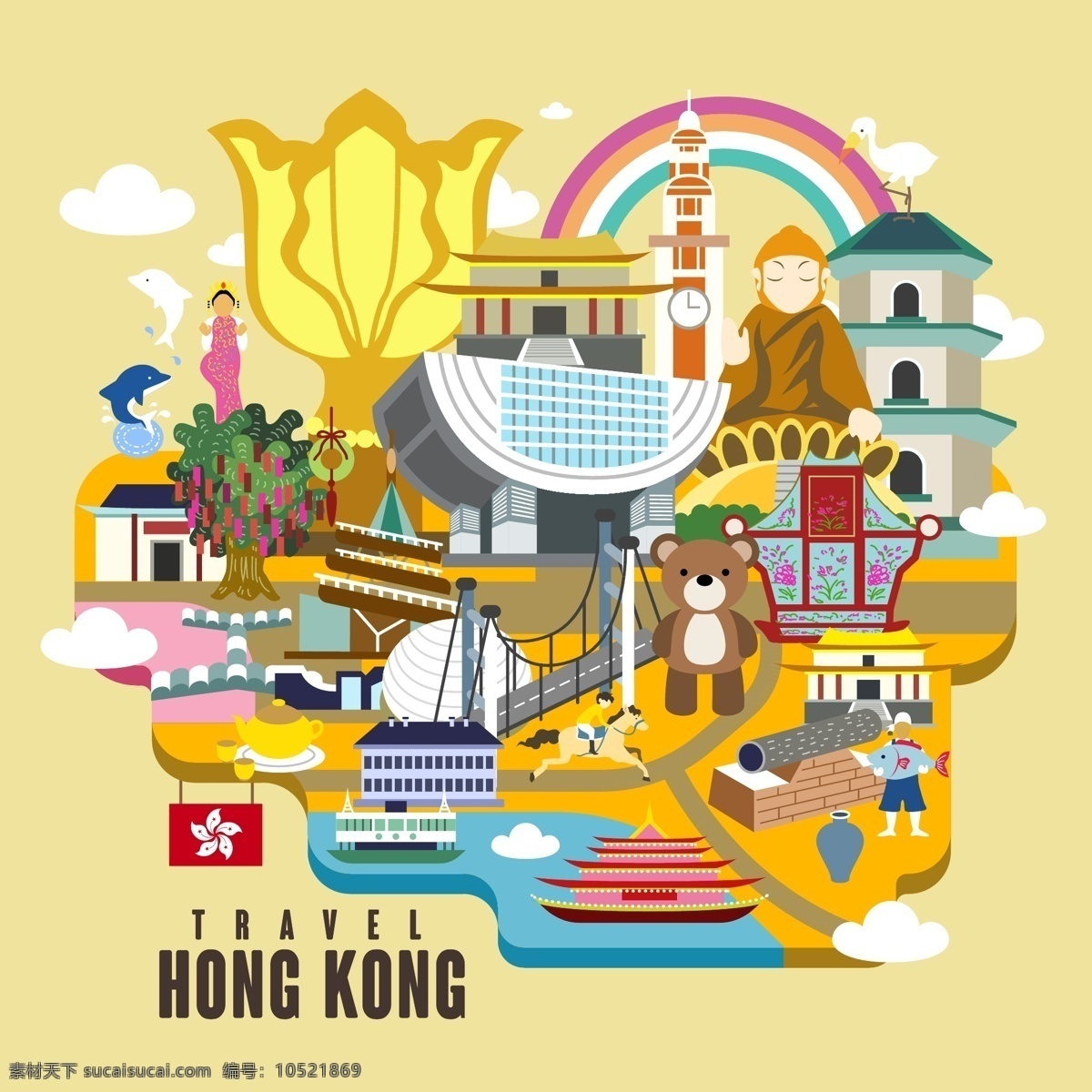 手绘 矢量 旅游 香港 景点 紫荆花 地图 海报 背景 矢量地图 中环 太平山 大佛 跑马 香港旅游 香港地图