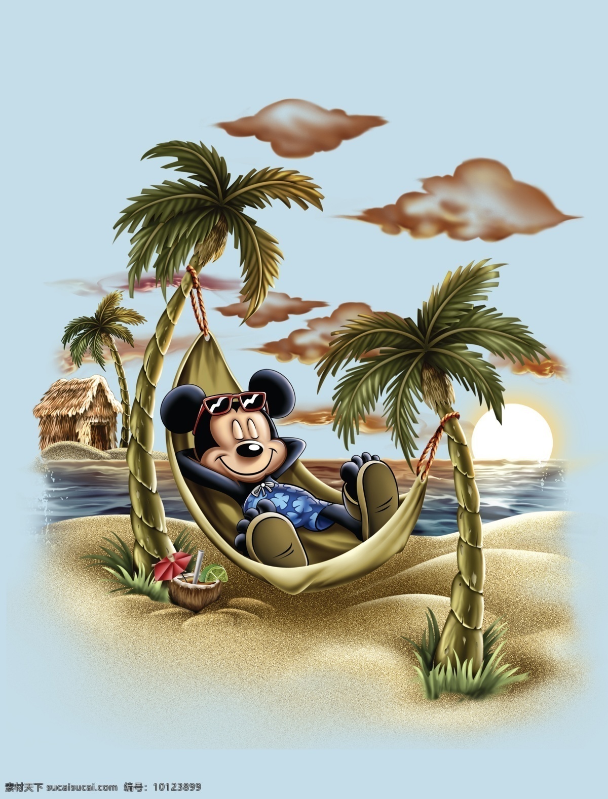 米奇高清分层 米奇 高清 分层 椰树 蓝色米老鼠 迪士尼 云朵 沙滩 沙地 吊床 茅草屋 海水 椰子 睡觉 源文件