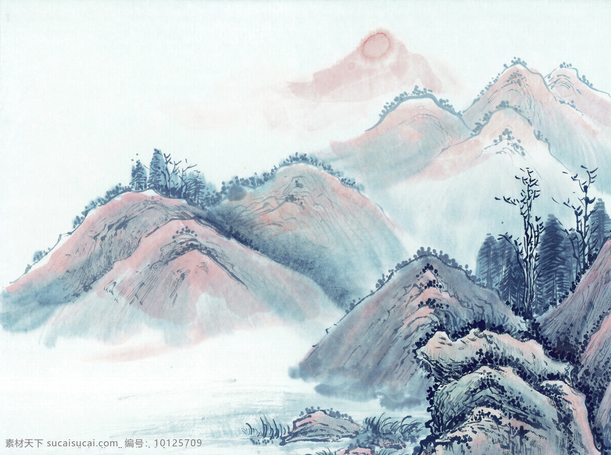 中国国画篇 山水 国画 水墨 山林 山峦 太阳 中国 篇 文化艺术 绘画书法