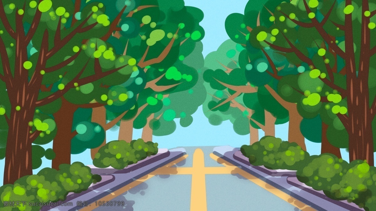 道路 两边 绿色 大树 卡通 背景 植物 清新 景色 美观