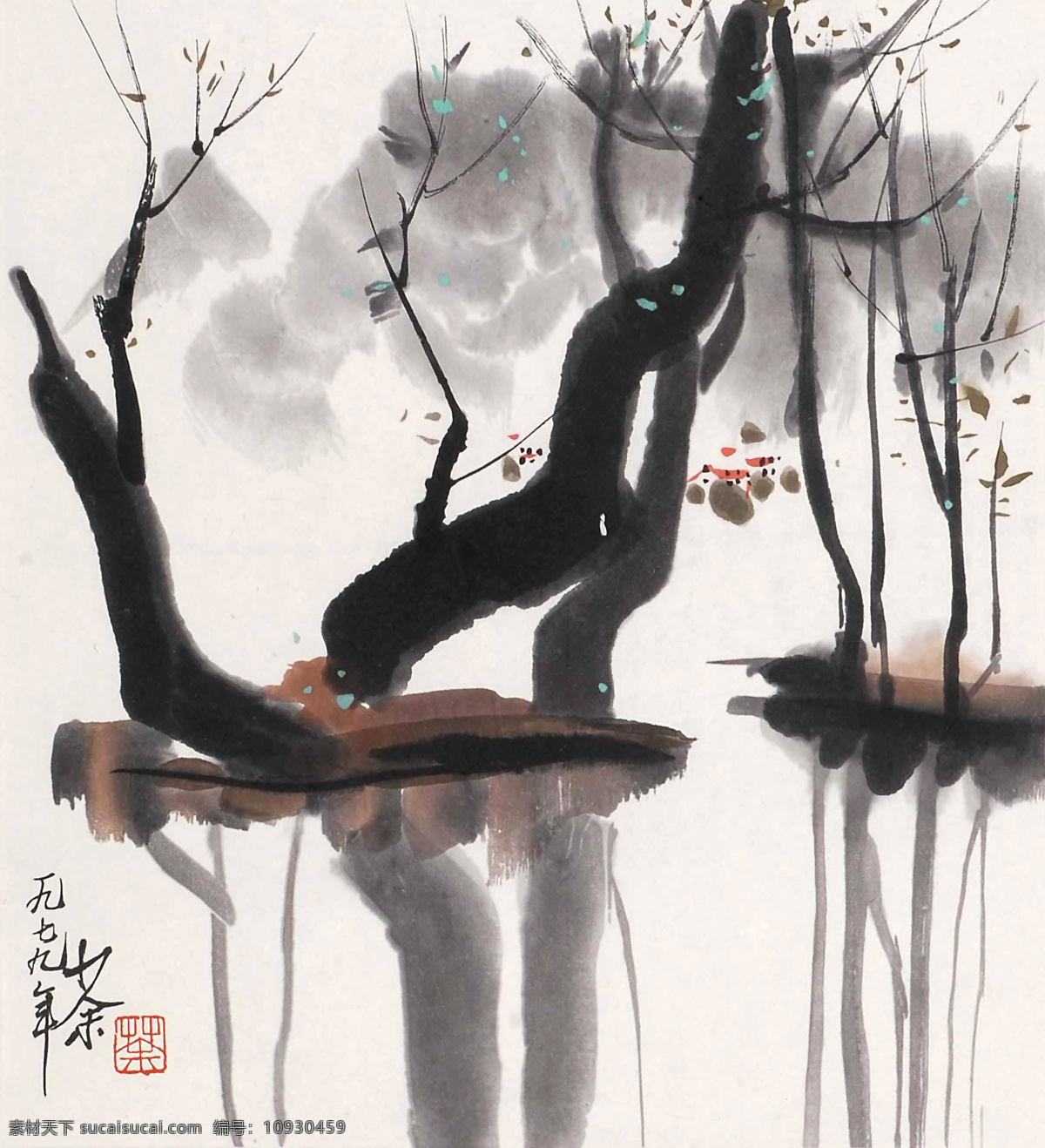 水墨画 水墨 树 倒影 树枝 树藤 清秀 水 清澈 国画 吴冠中 国画类 绘画书法 文化艺术