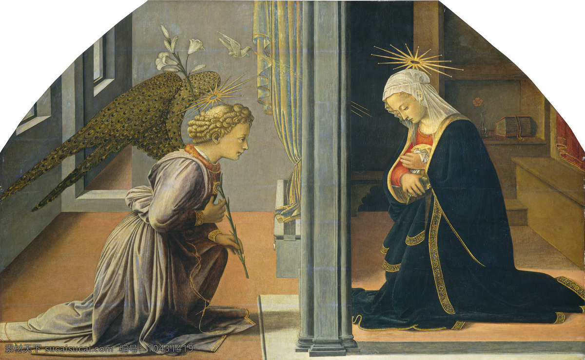报喜 圣经故事 大天使加百列 手持百合花 告之 圣玛丽娅 即将 涎育圣婴 古典油画 宗教油画 油画 文化艺术 绘画书法
