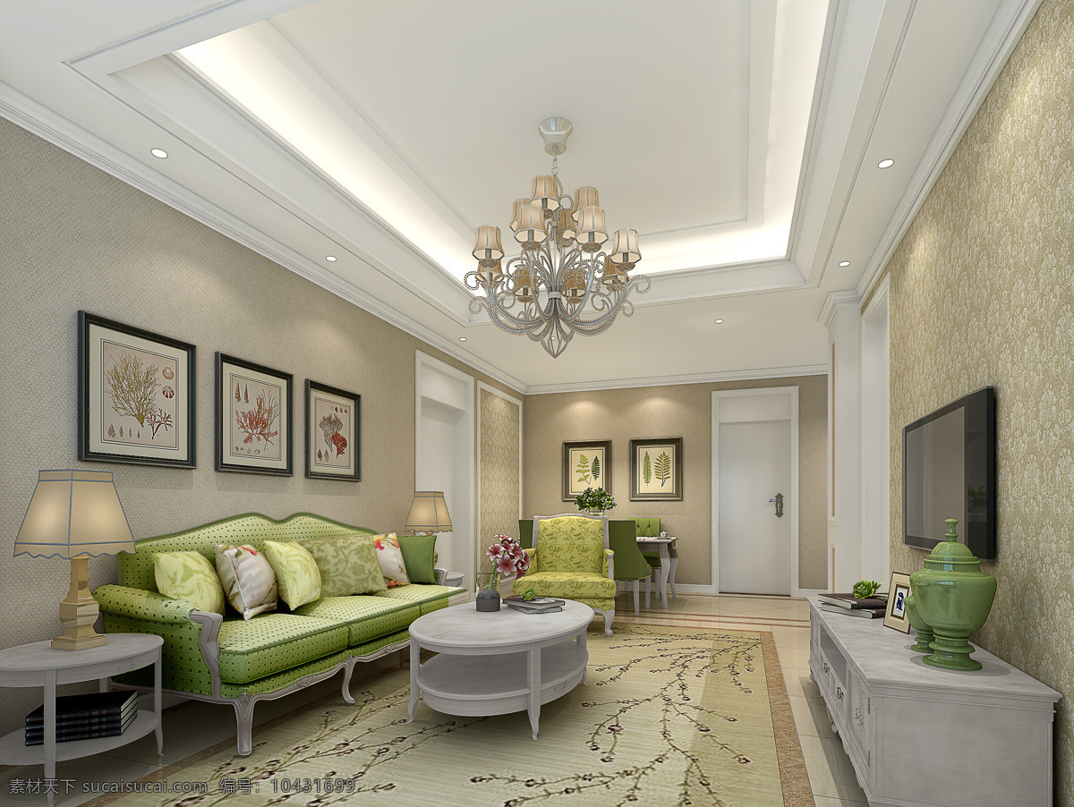 美式 清新 客厅 绿色 沙发 垫 室内装修 效果图 浅色花纹地毯 客厅装修 白色电视柜 花纹背景墙