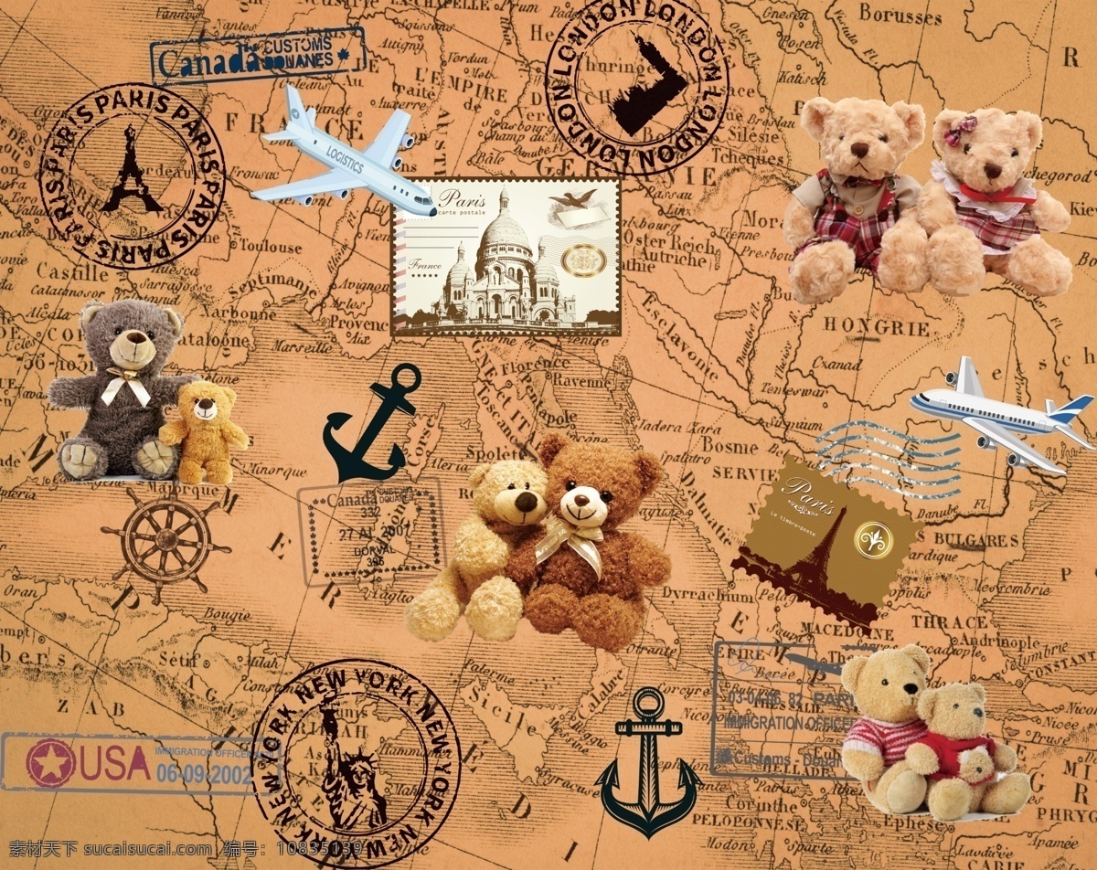 小熊的旅行 卡通小熊 船锚 飞机 船舵 邮戳 复古图片 装饰画 复古装饰
