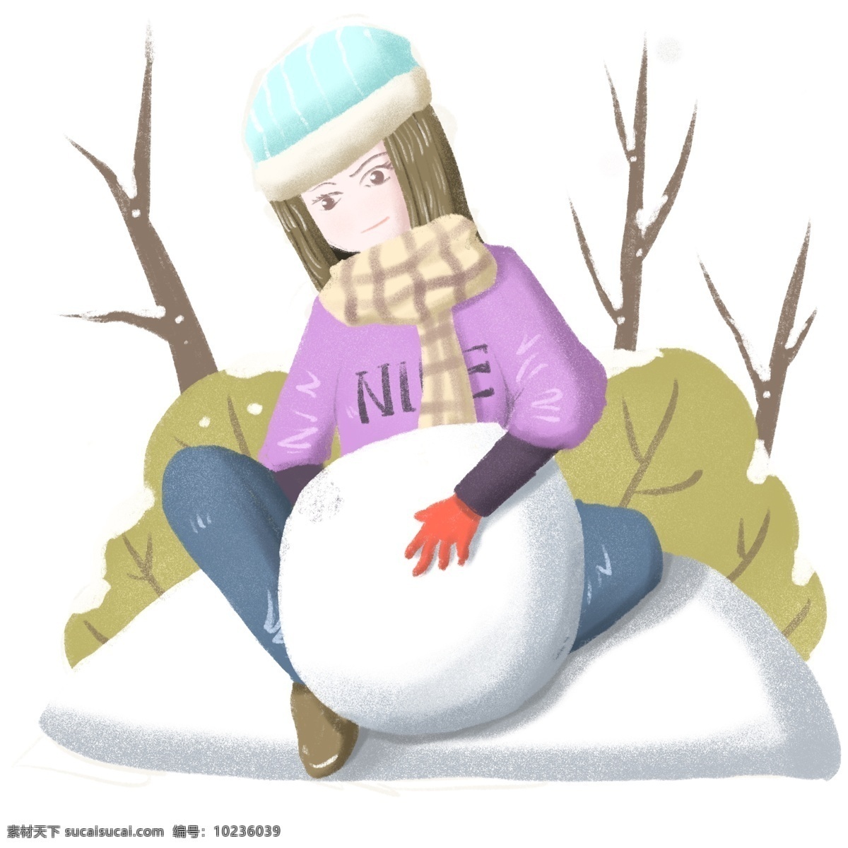 大寒 人物 雪球 插画 绿色的植物 蓝色的帽子 漂亮的小女孩 手绘 白色的雪球 褐色的树枝