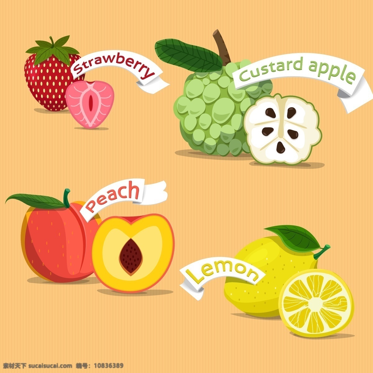 水果 手绘 矢量 水果矢量素材 手绘素材 绿叶 草莓 桃子 柠檬