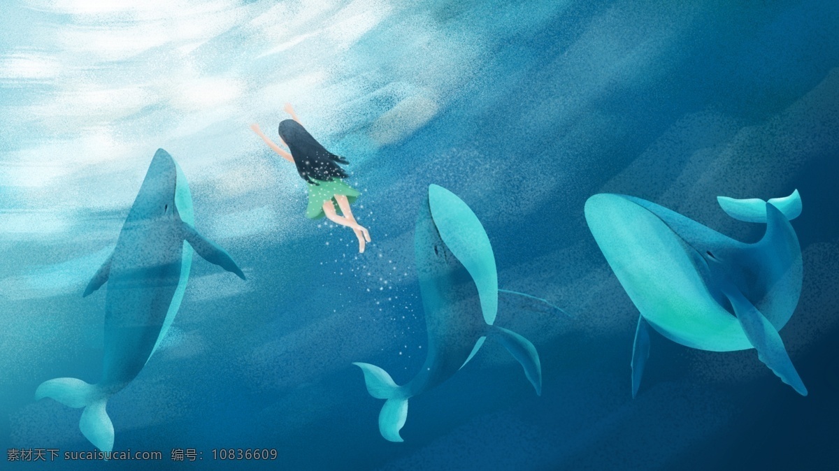 原创 手绘 插画 女孩 深海 遇 鲸 海洋 海水 手绘插画 水底 鲸鱼 水