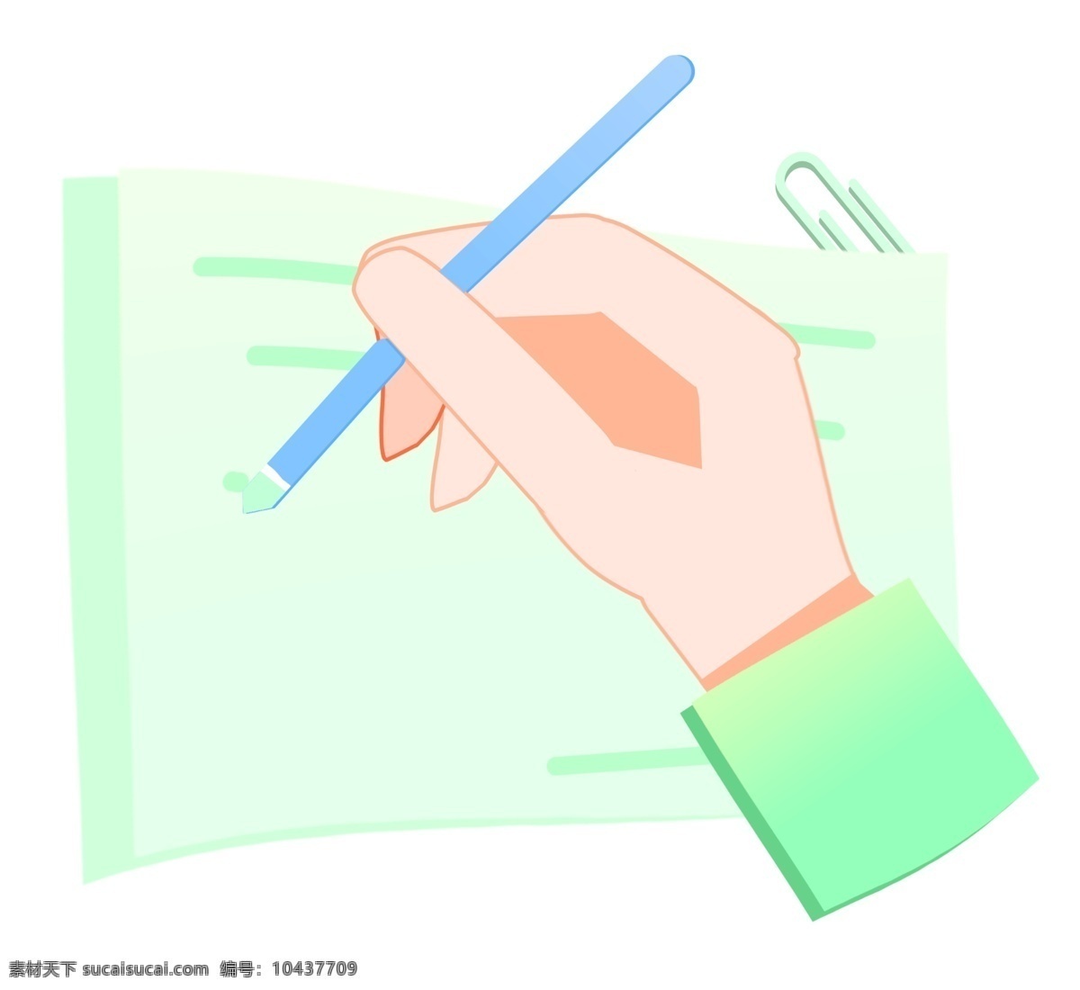 笔 写字 手势 插画 手拿铅笔 握笔手势插画 卡通手势 创意手势插画 蓝色的铅笔 绿色的纸张 绿色曲别针